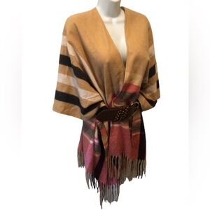 Woolrich Southwest Navajo Ruana Poncho Plaid Fringe Sz 0S Tan Red Viscose Blend